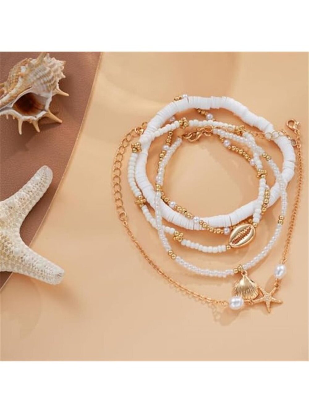 Boho Shell Anklet Set Womens 5 Pairs Gold Plated - Picture 3 of 3